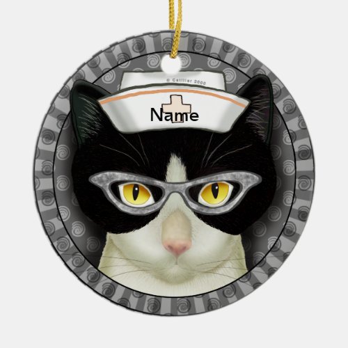 Tuxedo Cat Nurse  Ceramic Ornament