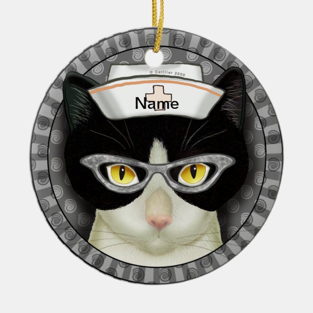 Tuxedo cat nurse  ceramic ornament (Front)