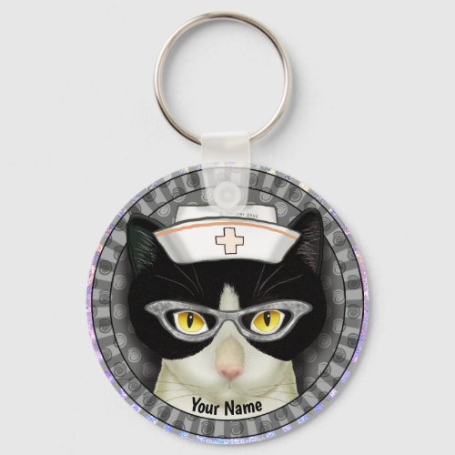 Tuxedo Cat Nurse custom name keychain