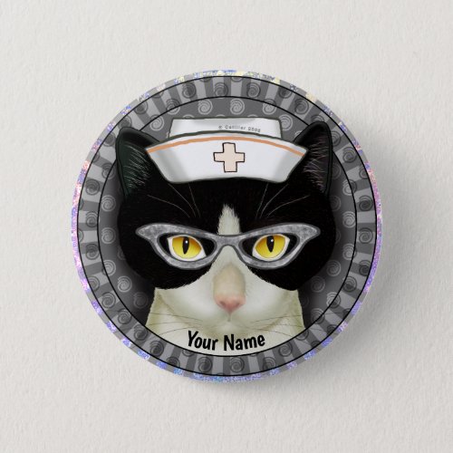 Tuxedo Cat Nurse custom name pin