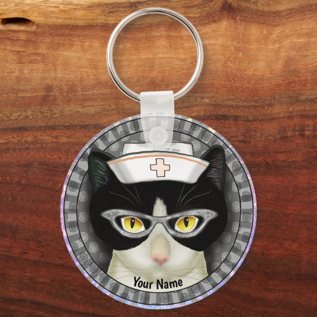 Tuxedo Cat Nurse  keychain (Front)