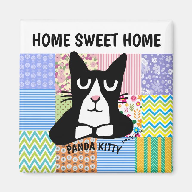 TUXEDO CAT ON A QUILT, PANDA KITTY MAGNET (Front)