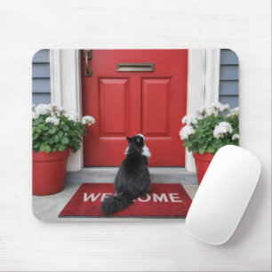 Tuxedo Cat on a Red Welcome Doormat Mouse Pad