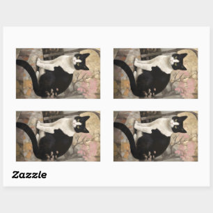 Tuxedo Cat on a Rock Sitting in a Garden Rectangular Sticker