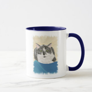 Tuxedo cat on blue blanket painting, mugs