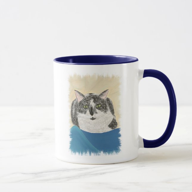 Tuxedo cat on blue blanket painting, mugs (Right)