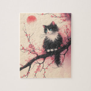 Tuxedo Cat on Cherry Blossom Japanese Aesthetic Jigsaw Puzzle