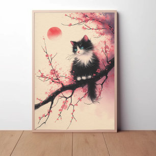 Tuxedo Cat on Cherry Blossom Japanese Aesthetic Poster