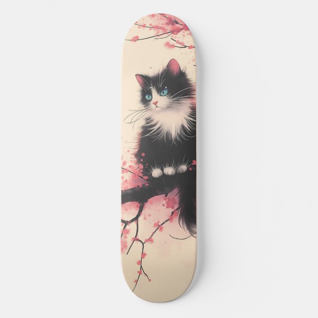 Tuxedo Cat on Cherry Blossom Japanese Aesthetic Skateboard (Front)