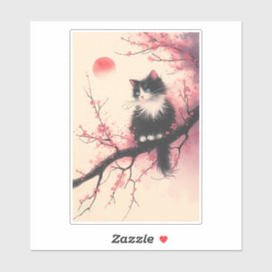 Tuxedo Cat on Cherry Blossom Japanese Aesthetic Sticker