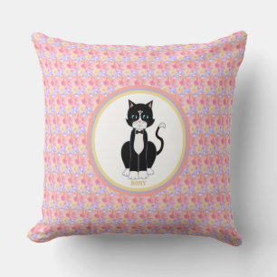 Tuxedo Cat on Flower Background Throw Pillow