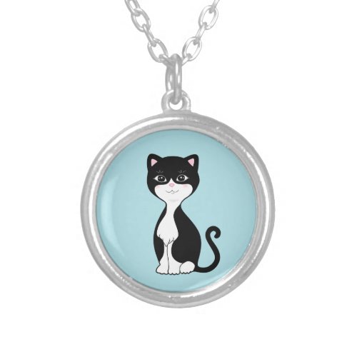 Tuxedo Cat on Light Blue Silver Plated Necklace
