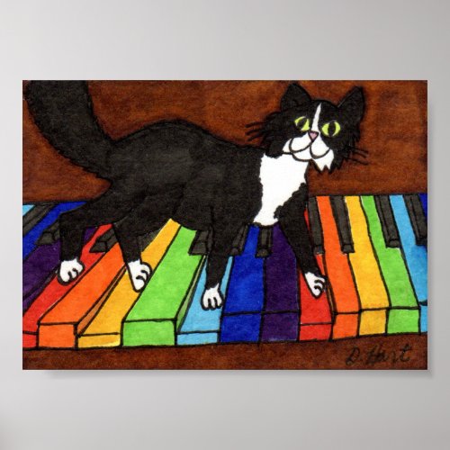 Tuxedo Cat on Rainbow Piano Mini Folk Art Poster