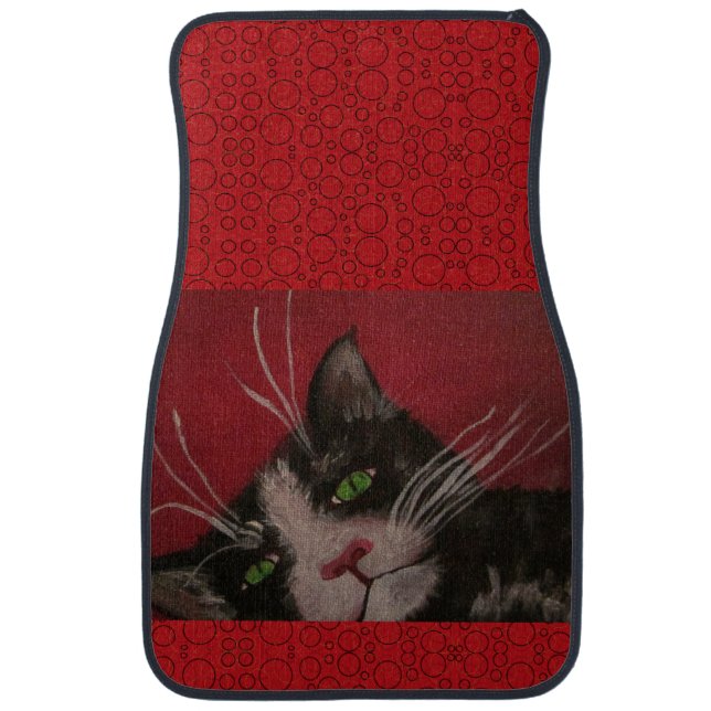 tuxedo cat on red car mat (Front)