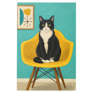 Tuxedo Cat On Yellow Mid Century Chair Metal Print
