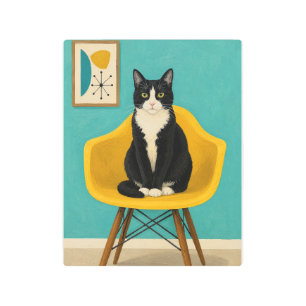 Tuxedo Cat On Yellow Mid Century Chair Metal Print