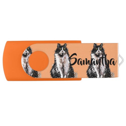 Tuxedo Cat Orange Girls Customizable Name USB  Flash Drive
