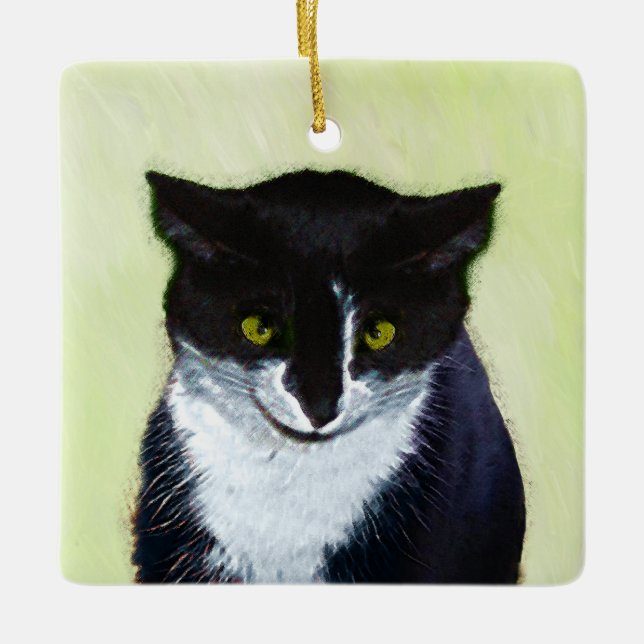 Tuxedo Cat Painting - Cute Original Cat Art Ceramic Ornament (Front)
