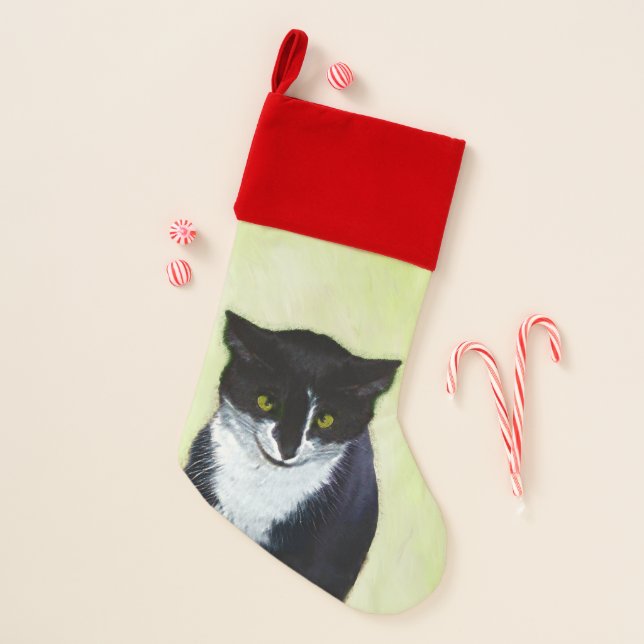 Tuxedo Cat Painting - Cute Original Cat Art Christmas Stocking (Front)