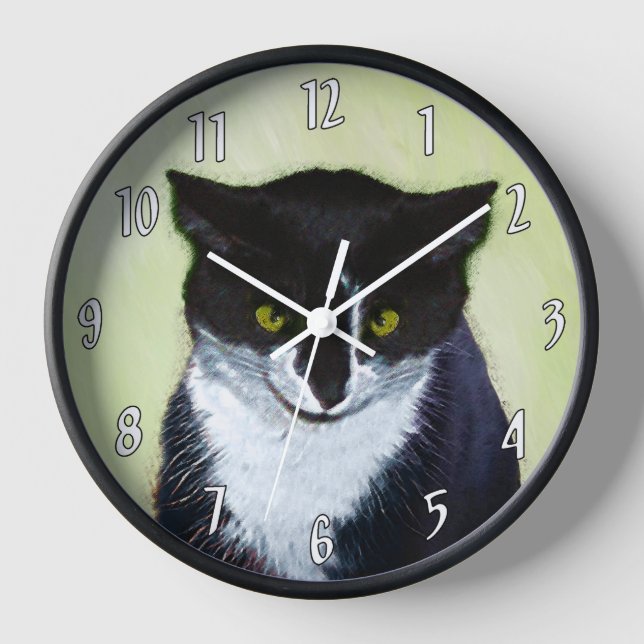 Tuxedo Cat Painting - Cute Original Cat Art Clock (Front)