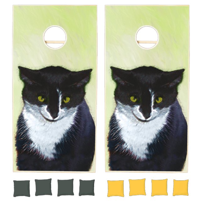 Tuxedo Cat Painting - Cute Original Cat Art Cornhole Set (Set)