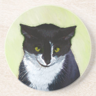 Tuxedo Cat Painting - Cute Original Cat Art Drink Coaster