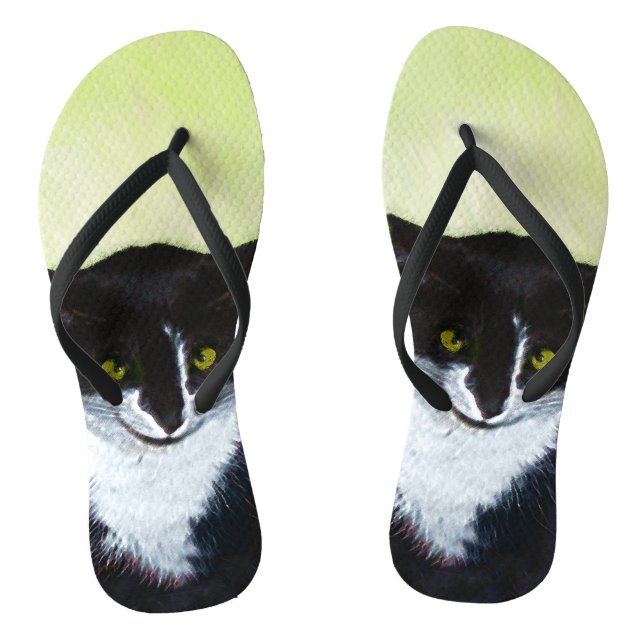 Tuxedo Cat Painting - Cute Original Cat Art Flip Flops (Footbed)