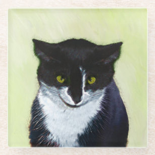 Tuxedo Cat Painting - Cute Original Cat Art Glass Coaster