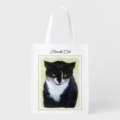 Tuxedo Cat Painting _ Cute Original Cat Art Grocery Bag