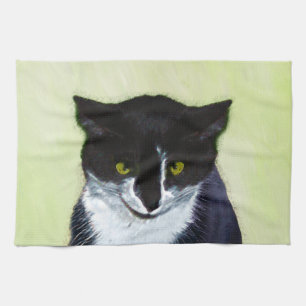 Tuxedo Cat Painting - Cute Original Cat Art Kitchen Towel