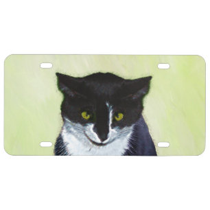 Tuxedo Cat Painting - Cute Original Cat Art License Plate