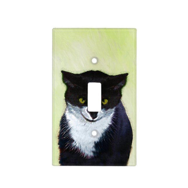 Tuxedo Cat Painting - Cute Original Cat Art Light Switch Cover (Front)
