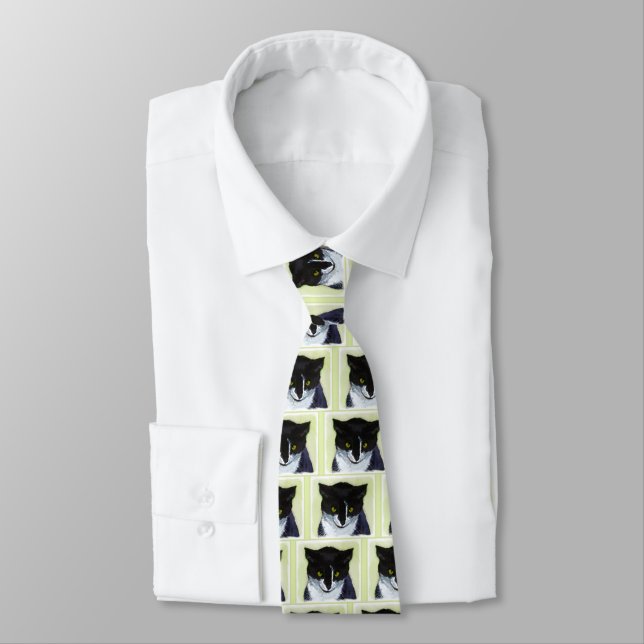 Tuxedo Cat Painting - Cute Original Cat Art Neck Tie (Tied)