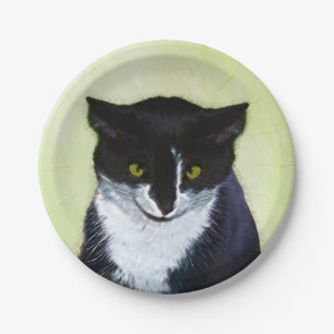 Tuxedo Cat Painting - Cute Original Cat Art Paper Plates