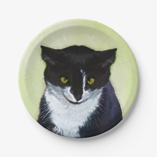 Tuxedo Cat Painting - Cute Original Cat Art Paper Plates (Front)