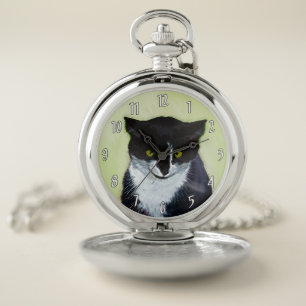 Tuxedo Cat Painting - Cute Original Cat Art Pocket Watch