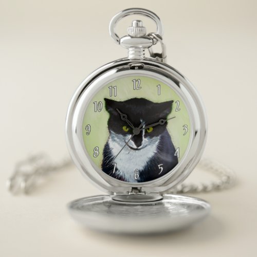 Tuxedo Cat Painting _ Cute Original Cat Art Pocket Watch