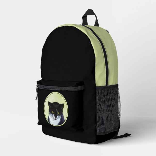 Tuxedo Cat Painting - Cute Original Cat Art Printed Backpack (Back Corner Right)