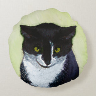 Tuxedo Cat Painting - Cute Original Cat Art Round Pillow