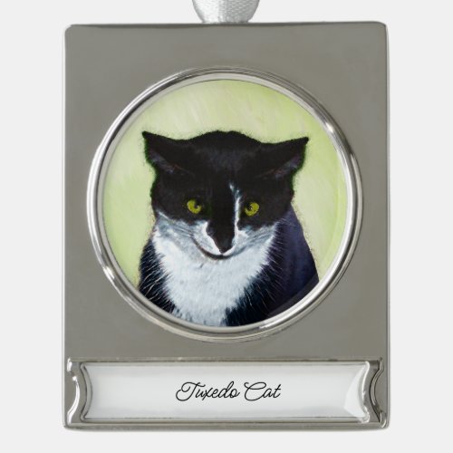 Tuxedo Cat Painting _ Cute Original Cat Art Silver Plated Banner Ornament