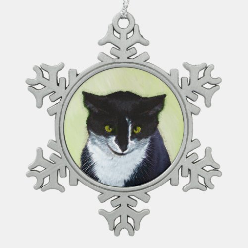 Tuxedo Cat Painting _ Cute Original Cat Art Snowflake Pewter Christmas Ornament