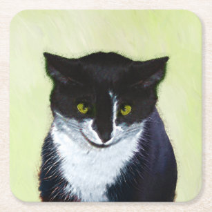 Tuxedo Cat Painting - Cute Original Cat Art Square Paper Coaster