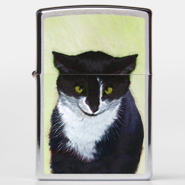 Tuxedo Cat Painting - Cute Original Cat Art Zippo Lighter (Front)