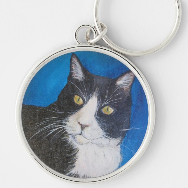 Tuxedo Cat Painting Key Chain (Front)