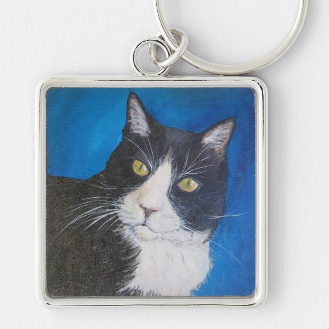 Tuxedo Cat Painting Key Chain (Front)