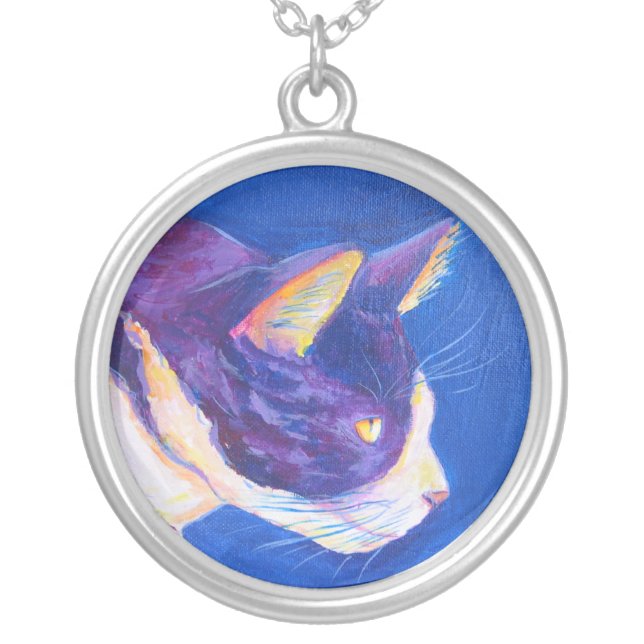 Tuxedo Cat Painting Silver Necklace (Front)