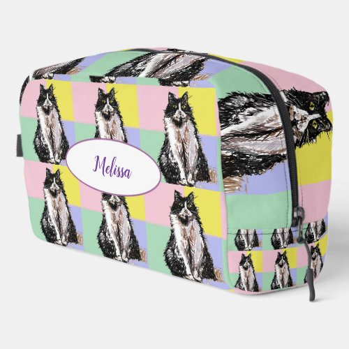Tuxedo Cat Pastel Check Pink Yellow Girls Dopp Kit