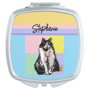 Tuxedo Cat Pastel Colors Pink Girls Name Compact Mirror