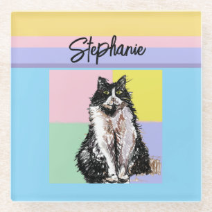 Tuxedo Cat Pastel Colors Pink Girls Name Glass Coaster