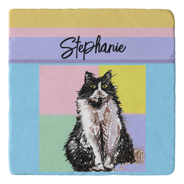 Tuxedo Cat Pastel Colors Pink Girls Name Trivet (Front)
